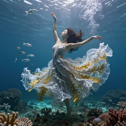 woman dancing underwater wearing a flowing dress made of many translucent layers of silver and gold lace seaweed, delicate coral sea bottom, swirling silver fish, swirling smoke shapes, unreal engine, caustics lighting from above, cinematic, hyperdetailed