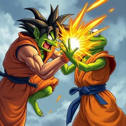 kermit the frog fighting goku, kermit the frog is winning