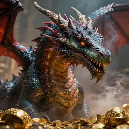 close-up off angle view, portrait film still, beautiful dragon with wet skin, smoke, volumetric lighting, treasures of gold, trending on artstation, blizzard concept artists, cinematic, hyper realism, high detail, octane render, high contrast, vibrant, Frank frazetta , 8k