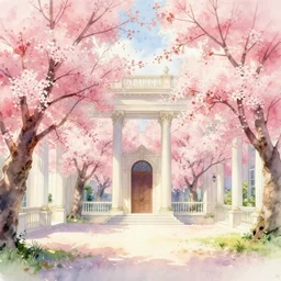 a palace chamber filled with cherry blossom trees, watercolour