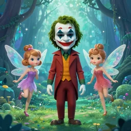 portrait of the joker stars in the sky fairies with detailed faces enchanted forest on the ground psychedelic wide angle shot white background vector art illustration gears of war by hieronymus bosch and frank frazetta