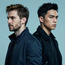 Two and a half men in the style of cyberpunk. Photo realistic. Award winning. Masterpiece, exquisite detail, post processing