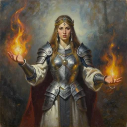 portrait of a female shaman goddess knight, summoning, oil on canvas, by jeffrey catherine jones and denis sarazhin