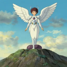 futuristic guardian angel on top of a japanese mountain, studio ghibli