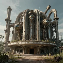 a beautiful ultradetailed highly detailed architecture industrial architecture abandoned cinema by oscar niemeyer, extraterrestial galactic steampunk, archdaily, wallpaper, highly detailed, trending on artstation.