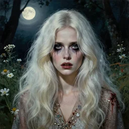a beautiful but sinister and creepy woman in layers of fear, with haunted eyes, violence in her eyes, big platinum hair, 1 9 7 0 s, seventies, delicate embellishments, a little blood, woodland, moonlight shining on wildflowers, painterly, offset printing technique, by alexandre cabanel