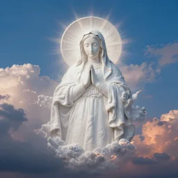 very faint virgin mary portrait in form of white cloud relief blue sky with dramatic sunset clouds