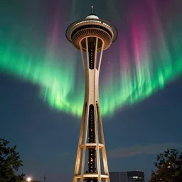 gigantic virgin mary form blending into intense vivid aurora above space needle centered big sky film long exposure fuji wide angle national geographic
