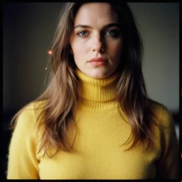 A Hyper realistic and detailed portrait photography by Annie Leibovitz of a woman wearing a yellow knitted turtleneck sweater. Long hair. Agfa Vista 400 film. Detailed. Depth of field. lens flare. moody. cinematic. warm light. realistic. expired film.