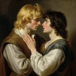 attractive male, blond hair, arthur pendragon confesses his love to attractive male, dark hair, merlin. highly detailed painting by gaston bussiere, craig mullins, j. c. leyendecker 8 k