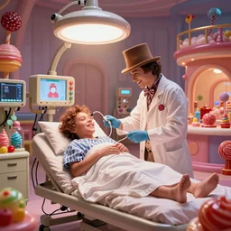 “ high - quality documentary film still of intensive care medium care station in willy wonka's factory. happy human patient is getting treatment for the oompa loompa virus. all medical equipment is made out of magic candy. pastel hospital lighting. hospital made out of wonka factory magic candy. ”