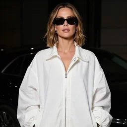 detailed attractive characther portrait of kate beckinsale wearing oversized nilon white luxury jacket and wearing sunglasses, realistic, wide angle, dramatic light 8 k