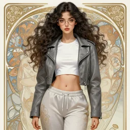 girl in very short white! top and very short gray! leather jacket, open belly, long dark curly hair, sports glasses on the hair!, high waist sweatpants, intricate, elegant, highly detailed, digital painting, artstation, concept art, smooth, illustration, art by artgerm and greg rutkowski and alphonse mucha