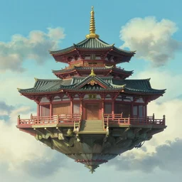 a floating Olympian temple in the sky in the style of Miyazaki
