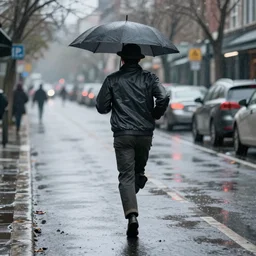 a man running down the street wearing a hat on a rainy day, digital art