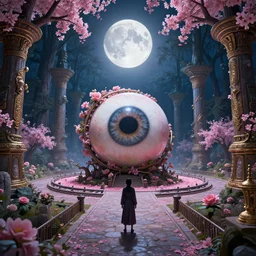 by oka yasutomo and anna dittmann, visually stunning, cinematic, ultra realistic, hyper realism, 1 2 k, epic, octane render, unreal engine, vfx, maya, a beautiful 🌸 🌼 💮, centered full body, full moon island nights, a large eyeball in the middle of a park, ancient forest, ornate