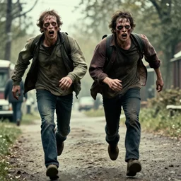 movie poster of zombies chasing two survivors, hyperrealistic
