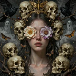 ornate, intricate, young, beautiful, woman, realistic portrait, sadness, crying, ethereal, flowers covering eyes, skulls, art by emil melmoth, gustave dore, craig mullins, yoji shinkawa, art germ, pete morbacher, david lynch, hyper detailed, high detail, artstation, hyperrealistic, unreal engine 5, ravens, branches, ghost, clouds, colors, moths, gold, morbid headpiece,