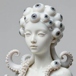 full head and shoulders, beautiful porcelain female person, with many eyeballs, smooth, delicate facial features, white detailed eyes, white lashes, 3 d white shiny thick, large octopus tentacles and eyeballs by daniel arsham and james jean
