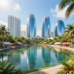 concept city art of artificial lake surrounded by palm trees and small shops and slass hotels domes near miami, sunny day, reflections, volumetric light, hyperdetailed, artstation, cgsociety, 8 k