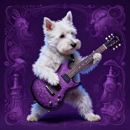 a rock and roll white terrier dog playing a guitar solo style of beksinski, intricate composition, magentaby caravaggio, highly quality, highly detailed, masterpiece, blue light, artstation