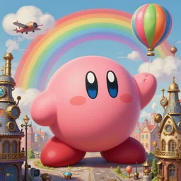 a painted portrait of kirby in steampunk city, fluffy, rainbow - laque, houses, street, balloon, aircraft, steam pipe, steam cloud, intricate, elegant, detailed, digital painting, concept art, smooth, sharp focus, painting by sho murase, alfred kubin, alfonse mucha, trending on artsstation