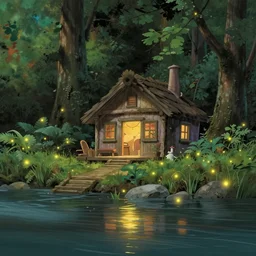 beautiful wide shot cozy hut in the forest near river with fireflies , studio ghibli, Miyazaki, studio ghibli, Jean girard, Moebius , animation, golden hour, highly detailed, 70mm