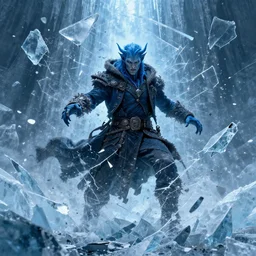 a blue tiefling man wearing dark cloths frozen in ice and being shattering into a million pieces, action, cracked, destroyed, by Tony Sart, detailed, realistic, masterpiece, symmetrical