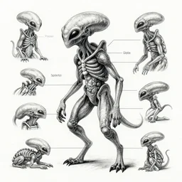 encyclopedia of drawing of alien creatures, with organs labeled