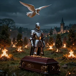 great funeral for a fallen lord knight, many small trees and bushes in fire on background, night scene, angel flying down from sky, victorian town far away, high details, high quality, cinematic, fantasy, trending on artstation