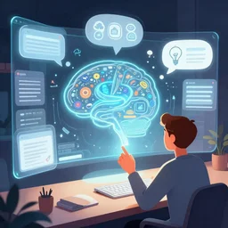 Realistic depth. Fantastic lighting. Digital illustration artwork drawing cartoon masterpiece. Trending on Artstation, Behance, Pixiv, Deviantart, google images, youtube, reddit.com/r/ by Syd Mead. 3d version of a desktop interface in roomscale. Ideas represented within thought bubbles and symbolic pictograms.  Somebody using a holographic 3d mind map within a room-space. User interface. Award-winning. UX/UI. User experience. Natural intuitive expressive. Multi-layered. Graspable. Easy. Complex.