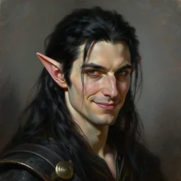 portrait of an elf thief with long black hair, elven character with smirk, detailed realism face in painting, detailed beautiful portrait, oil painting masterpiece, fantasy artwork, 8 k resolution, smooth, sharp focus, trending on artstation, by rembrandt, by greg rutkowski