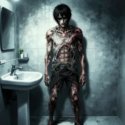 studio gainax + yoji shinakawa official illustration, a rugged, starving, tired man with extreme deformities standing in a bathroom, creepy, uncanny , dark lighting