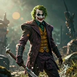 ( ( the joker ) ) as a viking viking in valheim valheim, splash art, movie still, cinematic lighting, ray tracing, octane render, long lens, shallow depth of field, bokeh, anamorphic lens flare, 8 k, hyper detailed, 3 5 mm film grain