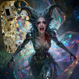 epic portrait of menacing, agitated and crying with blood yet stunningly beautiful biomechanical djinn the unwilling god of creation overseeing the iridescent fabric of the universe, by charlie bowater, mandy jurgens, gustav klimt, octane render, dramatic camera angle, 4k, 8k, high detail, HDR, by tom bagshaw, powerful, with inspiration from Beksinski, inspired by greek goddess Athena