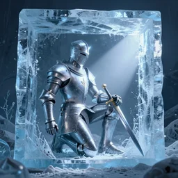 shiny knight frozen inside a block of ice, his sword is near him inside the ice, while a single ray of light comes from an opening in the wall, fantasy render, unreal engine 5, octane, raytracing, light transport, artstation