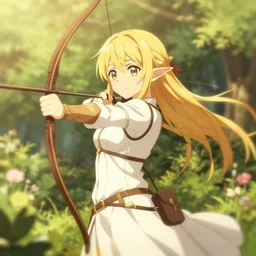 isekai cute anime girl elven archer. in a garden. aesthetic, golden ratio. beautiful lineart, depth focus, rankings pixiv, artstation, soft lighting, srgb, 4 k artstation, hdr, cinematic, motion blur, chromatic abberation. by dave greco, trent kaniuga, kienan lafferty