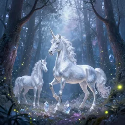 there is a silver unicorn in the forest, unicorns around the shimmering light, fireflies flying in the forest, the dreamy crystal atmosphere ， super wide angle ， matte painting ， rtx on ， by and jordan grimmer and john pitre ， trending on cgsociety and artstation, volumetric light ， surreal