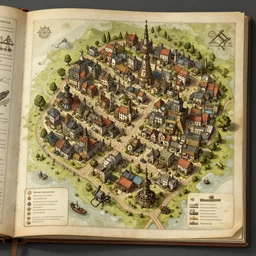 detailed cartographic map of a small steampunk town, digital artbook concept art