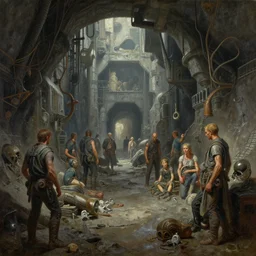 underground city with inhabitants, post - apocalypse, high quality, high resolution, tim hildebrandt, wayne barlowe, bruce pennington, donato giancola, larry elmore, oil on canvas, quality lighting, hd, hdr, 4 k, 8 k