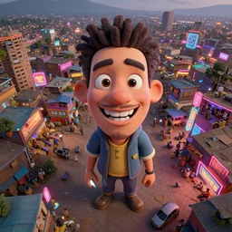 3 d vfx - caricature - art of a bustling - neon lit - ajegunle slum in nigeria, unreal engine render, digital illustration, illustration style by mike winkelmann, sharp, intricate detail, volumetric light, ray tracing, soft light, colourful, hyper - realism, claymation, fish eye lens, drone perspective, acrylic, cinestill 8 0 0 t,
