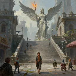 Painting of a poor human in fantasy city, a few humans and dwarves walking on the streets, two large stairs leads to a big woman statue with spear and wings and the fire lights on the spear