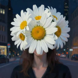 closeup, huge daisy flowers as a head, woman in modern city, surreal photography, night light, dark, impressionist painting, digital painting, artstation, simon stalenhag
