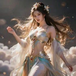 a beautiful female goddess of the gines character, character is in all its glory, character is in her natural relaxed pose, rim lights, particles and dust in the air, fancy clouds, highly detailed professional photo, dynamic lights, particles are flying, depth of field, trending on artstation, professional illustration, hyper realistic, vray caustics, super detailed, colorful accents, cinematic shot