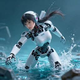 a robotic girl about to self destruct in water