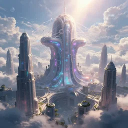 intricately patterened ancient ruins of a cloud computer world still shining through faintly rainbow led lights, beautiful surreal scenery artwork pixiv. gigantic architectural modern design node network of cloud computing soul dust. unthinkable dream cloud computer infinites. sublime god lighting, sun rays, cold colors. insanely detailed, artstation!! pixiv!! infinitely detailed