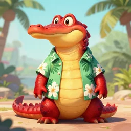 in the style of artgerm, loish and ross tran, anthropomorphic alligator, red scales on his back, yellow scale on his belly and chest, male, waring a hawaiian shirt, in the style of zootopia
