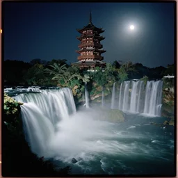 kodak portra 4 0 0 photo of detailed ancien chines tower, with waterfalls and river, night, moonlight, trending on pinterest and artstation, wide angle, 3 5 mm, sharp focus, soft light, volumetric light, in the style of gregory crewdson, masterpiece
