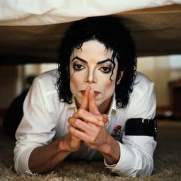 michael jackson hidding under your bed making a silent lips sign