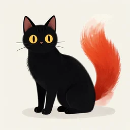 black cat with red fox tail, illlustration